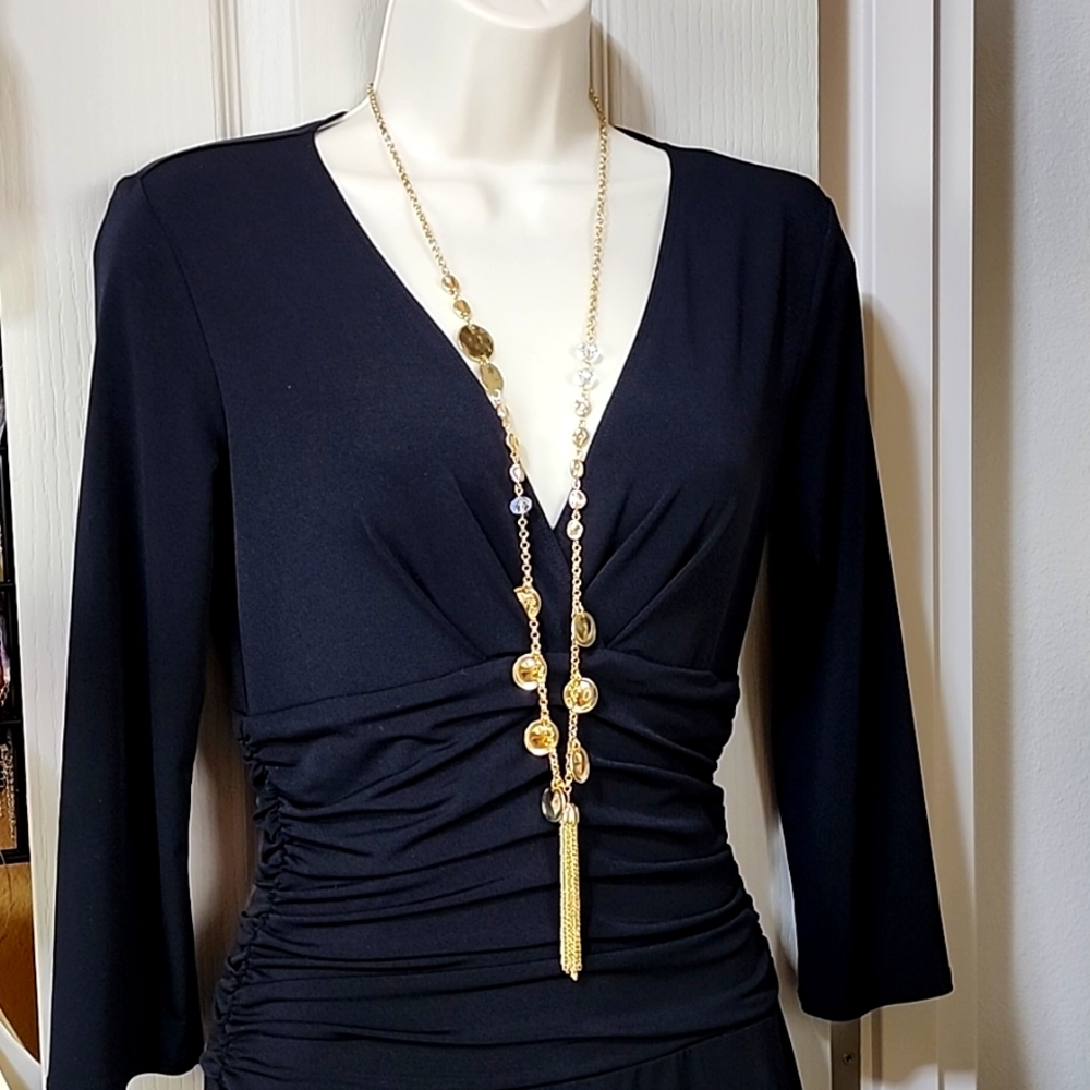 #74 Asymmetric Tassel Pendant Long‎ Necklace Gold & Crystal Beads 36"